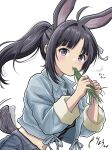 1girl absurdres ahoge animal_ears awa_subaru black_hair black_shirt blue_jacket commentary eating girls_band_cry highres jacket kemonomimi_mode long_hair looking_at_viewer macqueen7777 ponytail purple_eyes rabbit_ears rabbit_girl rabbit_tail shirt simple_background solo tail tail_wagging weeds white_background 