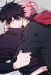  2boys arm_grab back bangs black_hair black_jacket black_pants buttons commentary_request eyebrows_visible_through_hair fingernails from_behind fushiguro_megumi green_eyes guuchun hair_between_eyes hand_on_another&#039;s_head highres hood hood_down hoodie hug itadori_yuuji jacket jujutsu_kaisen long_sleeves male_focus multiple_boys navel pants parted_lips pink_hair red_hoodie school_uniform short_hair simple_background spiked_hair undercut yaoi 