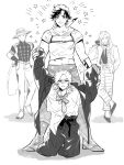  4boys 5myss absurdres battle_tendency beanie bow bowtie caesar_anthonio_zeppeli cape chinese_commentary commentary_request cosplay costume_switch cowboy_hat feathers formal_clothes goggles goggles_on_headwear greyscale gyro_zeppeli hat highres holding_hands hood hood_down hoodie jacket johnny_joestar jojo_no_kimyou_na_bouken joseph_joestar kneeling long_hair male_focus midriff monochrome multiple_boys oversized_clothes pants short_sleeves sleeves_past_fingers sleeves_past_wrists standing steel_ball_run striped_clothes striped_pants suit suit_jacket 