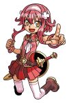  1girl ako_(another)_(shinrabanshou) ako_(shinrabanshou) androgynous ankle_boots archived_source bangle belt boots bracelet breasts brown_belt brown_boots brown_eyes gold_trim hair_ornament hairband harakawa_mitsuhiro jewelry jumping looking_at_viewer multicolored_shirt neckerchief official_art open_mouth pink_hair pink_shirt pleated_skirt pointing pointing_at_viewer red_sailor_collar red_shirt red_skirt sailor_collar sheath shield shinrabanshou shirt sidelocks simple_background skirt sleeveless sleeveless_shirt small_breasts solo sword thighhighs third-party_source transparent_background weapon white_hairband white_neckerchief white_thighhighs 