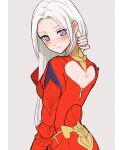  1girl back_cutout blush bruise clothing_cutout dress edelgard_von_hresvelg eyebrows_visible_through_hair fire_emblem fire_emblem:_three_houses grey_background highres holding holding_hair injury long_hair long_sleeves looking_back nieto_tokage purple_eyes red_dress simple_background solo sweatdrop white_hair 