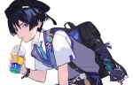  1boy backpack bag bent_over beret black_bag black_hair black_hat black_shorts blue_eyes blue_gem blue_necktie blue_trim blunt_ends chain choppy_bangs collared_shirt contemporary cup disposable_cup drinking drinking_straw emblem eyelashes eyeliner feathers gem genshin_impact gold grey_sweater_vest hand_up hat heart highres holding holding_cup looking_at_viewer makeup male_focus necktie official_alternate_costume pom_pom_(clothes) purple_trim rainyu_01 red_eyeliner scaramouche_(cat)_(genshin_impact) scaramouche_(genshin_impact) school_uniform shirt short_sleeves shorts sketch solo stuffed_animal stuffed_toy sweater_vest undershirt vision_(genshin_impact) wanderer_(genshin_impact) wanderer_(mega_mgc_coffee)_(genshin_impact) white_background white_shirt white_sleeves white_trim wristband yellow_feathers 