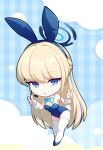 1girl absurdres animal_ear_hairband animal_ears aqua_bow aqua_bowtie ar_(3779609928) blonde_hair blue_archive blue_eyes blue_hairband blue_halo blue_leotard blue_streaks bow bowtie braid breasts chibi commentary detached_collar double_v earpiece fake_animal_ears fake_tail hairband half_up_braid halo highleg highleg_leotard highres leotard long_hair medium_breasts multicolored_hair playboy_bunny rabbit_ear_hairband rabbit_ears rabbit_tail solo strapless strapless_leotard streaked_hair tail thighhighs toki_(blue_archive) toki_(bunny)_(blue_archive) v very_long_hair white_thighhighs white_wrist_cuffs wrist_cuffs 