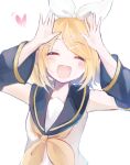  1girl :d black_sailor_collar blush bow closed_eyes commentary_request detached_sleeves facing_viewer hair_bow hair_ornament hairclip headphones headset heart highres kagamine_rin mani_(manidrawings) medium_hair neckerchief open_mouth parallel_hairclips sailor_collar shirt sidelocks simple_background sleeveless sleeveless_shirt smile solo swept_bangs upper_body vocaloid white_background white_bow yellow_neckerchief 