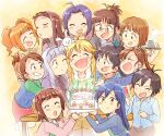  >_< 6+girls :d :o ^_^ akizuki_ritsuko amami_haruka birthday_cake black_hair blonde_hair blue_hair bow brown_eyes brown_hair cake closed_eyes closed_mouth commentary_request facing_viewer fang folded_ponytail food food_on_face futami_ami futami_mami ganaha_hibiki grey_hair grin hagiwara_yukiho hair_bow hairband holding_hands hoshii_miki idolmaster idolmaster_(classic) kikuchi_makoto kisaragi_chihaya long_hair looking_at_viewer minase_iori miura_azusa multiple_girls multiple_hair_bows one_eye_closed orange_hair ponytail red_bow shijou_takane short_hair side_ponytail smile takatsuki_yayoi tsubobot twintails 