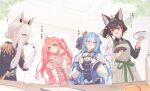  4girls absurdres ahoge animal_ear_fluff animal_ears apron black_hair blue_eyes blue_gem blue_hair blue_ribbon blue_shirt blue_vest bowl braid bright_pupils brooch chamomile_(kazumasa) chicken_(food) chopsticks commentary_request crown cup dress drinking_glass flower food fox_ears fox_girl fried_chicken frilled_dress frilled_shirt frilled_sleeves frills gem gloves green_eyes hair_bun hair_flower hair_ornament hair_ribbon highres holding holding_chopsticks hololive hoshimachi_suisei hoshimachi_suisei_(stellar_into_the_galaxy) jacket jewelry juliet_sleeves long_hair long_sleeves multicolored_hair multicolored_jacket multiple_girls official_alternate_costume official_alternate_hairstyle ookami_mio ookami_mio_(our_sparkle) open_mouth pink_dress pink_hair pinstripe_pattern pinstripe_shirt plate puffy_sleeves quilted_clothes red_streaks ribbon sakura_miko sakura_miko_(flower_fantasista!) shirakami_fubuki shirakami_fubuki_(fbkingdom) shirt short_hair shorts shrug_(clothing) side_braid single_hair_streak single_side_bun star_(symbol) star_hair_ornament star_in_eye streaked_hair symbol_in_eye table tiara tilted_headwear translation_request two-tone_jacket two_side_up vest virtual_youtuber white_gloves white_hair white_pupils white_shrug wolf_ears yellow_eyes 