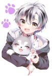  1boy :d animal black_collar black_hair black_jacket blush clothing_cutout collar commentary_request dog double-parted_bangs ear_piercing fang fur-trimmed_jacket fur_trim grey_hair hair_between_eyes holding holding_animal hood hood_down hooded_jacket jacket jewelry long_sleeves looking_at_viewer male_focus mani_(manidrawings) multicolored_hair necklace nijisanji off_shoulder open_mouth piercing shirt short_hair shoulder_cutout simple_background smile solo streaked_hair suzuki_masaru suzuki_masaru_(8th_costume) upper_body virtual_youtuber white_background white_shirt yellow_eyes 