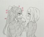  2girls bob_cut bow collared_shirt commentary_request ei_(eis0612) eye_contact graphite_(medium) greyscale hair_bow half_updo heart highres inverted_bob jacket kiss kissing_hand long_hair long_sleeves looking_at_another love_live! love_live!_nijigasaki_high_school_idol_club monochrome multiple_girls nakasu_kasumi neck_ribbon nijigasaki_school_uniform osaka_shizuku pen_(medium) ponytail ribbon school_uniform shirt short_hair simple_background spot_color traditional_media white_background wide-eyed winter_uniform yuri 