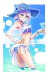  1girl alcohol bikini blue_bikini blue_eyes bracelet breasts cocktail_glass commentary_request cup curly_hair drinking_glass glaring hand_on_hip hat highres iesupa jewelry mature_female ring rwby sarong scarf scrunchie see-through solo sun_hat swimsuit wading water wedding_ring white_hair willow_schnee wine wrist_scrunchie 