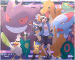  1boy :d ash_ketchum black_hair blue_jacket border brown_eyes commentary_request dated dracovish dragonite furry gengar hat highres ichi_(pikapikapocket) jacket lucario male_focus open_mouth pikachu pokemon pokemon_(anime) pokemon_(creature) pokemon_journeys pokemon_team red_hat shirt shoes short_hair short_sleeves shorts sirfetch'd sleeveless sleeveless_jacket smile t-shirt white_border white_shirt 