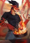2026 anthro black_clothing black_markings black_shirt black_t-shirt black_topwear blue_bottomwear blue_clothing blue_jeans blue_pants bottomwear breath_powers clothing cooking cookware denim denim_bottomwear denim_clothing digital_drawing_(artwork) digital_media_(artwork) dragon elemental_manipulation english_description fire fire_breathing fire_manipulation frying_pan glowing glowing_eyes hi_res horn humanoid_hands jeans kitchen_utensils lgag006k043_(artist) male markings muscular muscular_anthro muscular_male mythological_creature mythological_scalie mythology open_mouth pants pink_tongue red_body scalie shirt solo standing t-shirt tail tan_body tan_inner_ear tongue tongue_out tools topwear wings