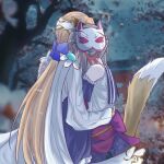  2girls absurdres animal_ears black_hair blonde_hair blue_bow bow brown_hair commentary_request cowboy_shot fox_ears fox_girl fox_mask fox_tail from_side hair_bow hair_ornament hair_ribbon heaven_burns_red highres hug japanese_clothes kimono kiryuu_miya kiryuu_miya_(vulpine_mystique) long_hair mask multiple_girls official_alternate_costume outdoors ribbon shenyan256 shirakawa_yuina sidelocks straight_hair tail tail_raised torii tree very_long_hair yuri 
