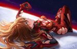  1girl absurdres artist_name bangs blue_eyes bodysuit breasts cleavage commentary_request full_body gradient gradient_sky hand_up highres knee_up lips long_hair long_sleeves lying medium_breasts meltyrice neon_genesis_evangelion on_back orange_hair parted_lips plugsuit rebuild_of_evangelion red_bodysuit shadow shiny shiny_clothes shiny_skin signature simple_background skin_tight sky souryuu_asuka_langley star_(sky) thighs torn_bodysuit torn_clothes water water_drop 