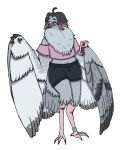 2026 absurd_res ahoge alpha_channel ambiguous_gender anthro avian beak beak_closed bird bird_legs black_body black_bottomwear black_clothing black_feathers black_shorts blue_eyes bottomwear cellphone cere_(anatomy) chest_tuft claws clothing colored columbid curvy_figure digital_drawing_(artwork) digital_media_(artwork) electronics english_text eyebrows feathered_wings feathers full-length_portrait green_eyes grey_body grey_feathers grey_fingers hair hi_res holding_object holding_phone hourglass_figure legband looking_aside mouth_closed multicolored_eyes navel neck_tuft outline pandasuarsrex phone pigeon pink_cellphone pink_clothing pink_eyes pink_hair_tips pink_legs pink_phone pink_shirt pink_topwear portrait rock_dove shirt shorts simple_background smartphone solo standing tail tail_feathers text toe_claws topwear transparent_background tuft two_tone_eyes white_body white_feathers white_outline winged_arms wings