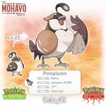  abstract_background artist_name bird brown_bird closed_eyes copyright_logo english_text evolutionary_line fakemon highres logo looking_at_viewer no_humans open_mouth original pokemon pokemon_(creature) sugimori_ken_(style) tubz_az 