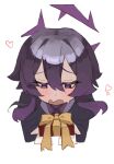  blue_archive bow box commentary_request cross gift gift_box gift_wrapping half-closed_eyes halo haruka_(blue_archive) heart highres holding holding_gift incoming_gift jacket long_sidelocks looking_down medium_hair metronomechan military_jacket purple_eyes purple_hair purple_halo purple_jacket raised_eyebrows sidelocks simple_background sweatdrop upper_body white_background yellow_bow 