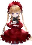  1girl bangs blonde_hair blue_eyes capelet closed_mouth cup dress drill_locks eyebrows_visible_through_hair headdress highres holding holding_cup lolita_fashion long_hair long_sleeves looking_at_viewer purple_eyes red_capelet red_dress rozen_maiden shinku simple_background solo teacup toufu_mentaru_zabuton twintails white_background 