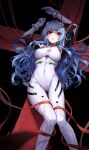 1girl :o ayanami_rei blue_hair blush breasts cross hair_ornament highres kokukyukeo long_hair looking_at_viewer neon_genesis_evangelion open_mouth plugsuit rebuild_of_evangelion red_eyes red_ribbon ribbon solo 