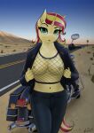  absurd_res anthro apocheck13 bottomwear breasts clothing desert equestria_girls equid equine female fishnet_clothing grass hi_res horn jacket looking_at_viewer mammal motorcycle my_little_pony navel pants plant portrait road road_sign solo sunset_shimmer_(eg) three-quarter_portrait topwear unicorn vehicle walking_towards_viewer 