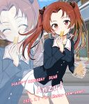  1girl absurdres black_bow blue_jacket bow brown_eyes brown_hair building character_name chips_(food) closed_eyes closed_mouth commentary cowboy_shot dated day eating english_text food girls_und_panzer gratin_(kumaisao) hair_bow happy_birthday happy_new_year highres holding holding_food jacket kadotani_anzu leaning_forward long_hair long_sleeves looking_at_viewer military_uniform miniskirt ooarai_military_uniform outdoors outline parted_bangs pleated_skirt potato_chips skirt smile solo standing translated twintails white_outline white_skirt 