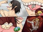  2015 airbendingkwakwa armin_arlert attack_on_titan barefoot black_hair blonde_hair blue_eyes bodily_fluids bottomwear brown_clothing brown_jacket brown_topwear clothing cropped_jacket duo eren_jaeger feet hair human humanoid humanoid_pointy_ears jacket macro male male/male mammal monster oral_vore pale_skin pants pointy_ears safe_vore saliva shirt straps teal_eyes titan_(attack_on_titan) topwear torn_clothing vore white_bottomwear white_clothing white_pants white_shirt white_topwear 