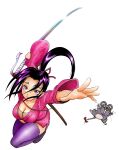  +_+ 1girl absurdres armor blush breasts chainmail cleavage commentary_request covered_nipples fishnet_top fishnets full_body hair_ribbon high_ponytail highres japanese_clothes katana kousaka_shigure large_breasts lips long_hair looking_at_viewer matsuena_shun mouse_(animal) official_art ponytail purple_eyes purple_hair purple_thighhighs ribbon shijou_saikyou_no_deshi_ken'ichi simple_background sword thighhighs tochumaru waraji weapon white_background 