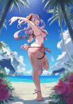 bare_shoulders beach belt bikini black_ribbon blue_eyes blue_sky blush braid breasts bug butterfly butterfly_brooch cleavage commentary_request demon_horns draph fish flower flying_fish frills full_body granblue_fantasy hair_ornament hairclip happy highres horns large_breasts large_horns long_hair looking_back narmaya_(granblue_fantasy) narmaya_(summer)_(granblue_fantasy) ocean one_eye_covered open_mouth pink_bikini pink_hair red_flower ribbon sandals sideboob sky smile standing sunlight swimsuit thigh_belt thigh_strap tugeyakumo 
