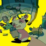 1other @_@ cup dedenne drooling no_humans notebook oddish open_mouth pen poke_ball poke_ball_(basic) pokedex pokemon pokemon_(creature) saboteri_(savot) shadow simple_background spill spinda team_flare 