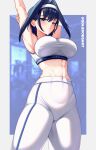  1girl abs absurdres arms_behind_head arms_up artist_name blue_eyes blue_hair breasts commentary english_commentary hair_intakes headband highres hololive hololive_english large_breasts ouro_kronii pants solevisionarts solo sports_bra stretching virtual_youtuber white_headband white_pants white_sports_bra yoga_pants 