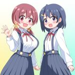  2girls :d black_eyes black_skirt blue_hair blush breast_size_difference breasts brown_hair commentary_request flat_chest gradient_background hair_between_eyes hair_ornament hairclip hand_up highres large_breasts long_hair long_sleeves looking_at_viewer low_twintails medium_hair multicolored_hair multiple_girls murosaki_miyo neck_ribbon onii-chan_wa_oshimai! open_mouth pleated_skirt red_eyes red_hair red_ribbon ribbon sakuzo school_uniform shirt simple_background skirt smile suspender_skirt suspenders tachikawa_aoi tented_shirt twintails two-tone_hair waving white_shirt wing_collar yotsuba_university_affiliated_junior_high_school_uniform 