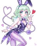  1girl :3 alternate_costume animal_ear_hairband animal_ears black_bow black_bowtie black_hairband black_leotard bow bowtie breasts cleavage commentary detached_collar eyeball fake_animal_ears fishnet_pantyhose fishnets green_eyes green_hair hairband heart heart-shaped_pupils heart_of_string komeiji_koishi leotard long_hair looking_at_viewer medium_breasts miy_001 open_mouth pantyhose playboy_bunny purple_nails purple_pantyhose rabbit_ear_hairband rabbit_ears rabbit_tail simple_background smile solo strapless strapless_leotard symbol-shaped_pupils tail third_eye touhou white_background wrist_cuffs 