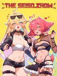  2girls ahoge animal_ears arielle_(vtuber) arm_tattoo bandaid bandaid_on_face bandaid_on_nose blonde_hair blue_eyes blush breasts chui_art cleavage commentary el_xox electrostimulation english_commentary eyewear_on_head facial_mark female_orgasm fingerless_gloves fishnet_top fishnets gloves hair_between_eyes heart heart_ahoge heart_facial_mark highres indie_virtual_youtuber jacket large_breasts long_hair lop_rabbit_ears medium_breasts multicolored_hair multiple_girls navel orgasm pink_hair pubic_tattoo rabbit_ears rainbow_hair shock_collar short_hair shorts stomach sunglasses tattoo thick_thighs thigh_strap thighs tongue tongue_out virtual_youtuber yellow_background zipper 