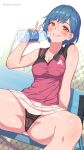  1girl absurdres bench black_panties blue_hair blush bottle breasts cameltoe cleavage clothes_lift commentary drink highres holding holding_bottle kanikatsuya lace lace-trimmed_panties lace_trim looking_at_viewer mole mole_under_eye orange_eyes original panties pantyshot parted_lips pink_shirt presenting pussy pussy_juice pussy_peek racket shirt short_hair sitting skirt skirt_lift sleeves_rolled_up smile sportswear spread_legs sweat tennis_club_senpai_(kanikatsuya) tennis_racket tennis_uniform thighs underwear upskirt water_bottle white_skirt 