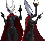  1girl absurdres arm_up arms_up arthropod_girl ass black_skin blush breasts cloak colored_skin commentary double_v english_commentary from_side hand_grip heart highres holding holding_hand_grip holding_phone hollow_knight hornet_(hollow_knight) multiple_views narrow_waist no_nipples one_eye_closed outline phone red_cloak simple_background skinny small_breasts standing star_(symbol) tefi_blum v white_background 