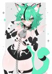  1girl absurdres ahoge alfyria animal_ear_fluff animal_ears animal_print bell bikini body_freckles breasts cat_ears cat_girl cat_tail cleavage cow_print cow_print_bikini cow_print_sleeves cow_print_thighhighs cowbell freckles green_eyes green_hair grey_background hair_between_eyes hair_ornament heart highres indie_virtual_youtuber large_breasts looking_at_viewer momo_mischief print_bikini print_thighhighs shorts solo swimsuit tail thigh_strap thighhighs thighs tongue tongue_out virtual_youtuber white_background x_hair_ornament 