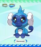  abstract_background blue_fur cardnlh character_name copyright_logo copyright_name fakemon highres logo looking_at_viewer marmoset monkey no_humans original pokemon pokemon_(creature) solo sugimori_ken_(style) tail 