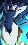  1girl armpits arms_behind_head arms_up bangs bare_shoulders black_dress blue_eyes blue_fire blush breasts china_dress chinese_clothes cleavage detached_sleeves dress eidenjyou1997 fate/grand_order fate_(series) fire flute hair_ornament highres instrument large_breasts leaf_hair_ornament long_hair looking_at_viewer open_mouth pipa_(instrument) purple_hair side_slit sidelocks smile solo thighs twintails very_long_hair yang_guifei_(fate) 