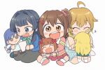  3girls :d ahoge amami_haruka black_hair black_skirt blonde_hair blue_eyes blue_shirt blush_stickers brown_hair character_doll closed_eyes commentary_request doll hair_ornament hairclip heart hoshii_miki ibuki_tsubasa idolmaster idolmaster_(classic) idolmaster_million_live! kasuga_mirai kisaragi_chihaya long_hair looking_at_viewer mogami_shizuka multiple_girls one_side_up open_mouth pink_shirt red_skirt shirt short_hair side-by-side simple_background sitting skirt smile stuffed_toy tsubobot white_background 