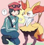  1boy 1other ? black-framed_eyewear black_boots black_hair boots braixen calem_(pokemon) commentary_request eye_contact eyewear_on_headwear flying_sweatdrops furry grey_eyes hat highres jacket kuru_(4rfw7) looking_at_another on_one_knee open_mouth pants pink_background pokemon pokemon_(creature) pokemon_x_and_y red_hat short_hair spoken_blush spoken_question_mark stick strap sunglasses zipper_pull_tab 