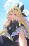  1girl absurdres antenna_hair black_capelet black_dress blonde_hair blue_sky capelet cloud cloudy_sky commentary cure_arcana_shadow day dress fingernails hand_up highres holding holding_ice_cream_cone ice_cream_cone long_fingernails looking_at_viewer meitantei_precure! moria_luluka multicolored_capelet multicolored_hair nail_polish parted_lips pink_eyes pink_hair pkts1017 precure purple_nails selfie sky solo two-tone_capelet two-tone_hair untranslatable_commentary upper_body white_capelet 