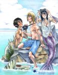 2015 aquatic armin_arlert attack_on_titan black_hair blonde_hair blue_bottomwear blue_clothing blue_eyes blue_shorts blush bottomwear brokenhighway brown_hair camera clothed clothing cloud eren_jaeger eyewear female fin green_eyes green_tail grey_eyes group hair human humanoid humanoid_merfolk humanoid_pointy_ears island male mammal merfolk mikasa_ackerman pointy_ears polyamory purple_tail rock sea shirt shorts sky split_form sunglasses swimming_trunks swimwear tail tank_top topless topwear trio water