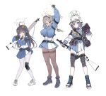  3girls absurdres ahoge ammunition_pouch animal_ears ankle_boots arm_behind_head arms_up bag black_hair black_pantyhose black_shoes blue_archive blue_serafuku blue_skirt blue_sweater blush bolt_action book boots breasts bright_pupils brown_hair chinese_commentary combat_helmet commentary_request commission cropped_sweater detonator drooling fake_animal_ears full_body gang_shi_shao_e_fan glasses gloves green_halo grey_halo gun halo hand_on_own_elbow hand_up helmet highres holding holding_book holding_detonator holding_gun holding_weapon knee_pads knees_together_feet_apart lahti-saloranta_m/26 large_breasts leaf leaf_on_head long_hair long_sleeves looking_at_viewer midriff miyu_(blue_archive) moe_(blue_archive) mosin-nagant multiple_girls navel neckerchief one_eye_closed open_mouth pantyhose pleated_skirt pouch purple_gloves purple_hair rabbit_ears red_eyes rifle round_eyewear saki_(blue_archive) school_uniform serafuku shoes short_hair shoulder_bag simple_background single_knee_pad skirt smile sneakers stahlhelm standing sweater tactical_school_uniform thighband_pantyhose twintails v weapon white_background white_helmet white_pantyhose white_shoes yellow_eyes yellow_halo yellow_neckerchief 