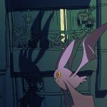  commentary crobat hanging_plant night no_humans oddish outdoors pokemon pokemon_(creature) red_eyes saboteri_(savot) shadow solo window 