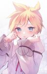  1boy ahoge blonde_hair blue_eyes blush commentary_request highres kagamine_len long_sleeves looking_at_viewer male_focus mani_(manidrawings) neck_ribbon open_mouth parted_bangs project_sekai red_ribbon ribbon sailor_collar shirt short_hair solo spiked_hair tearing_up upper_body vocaloid white_background white_sailor_collar white_shirt 