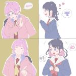  +++ 2girls :3 anyoji_hime black_hair blush brown_dress cardigan character_logo closed_mouth colored_inner_hair commentary_request double_bun drakeposting_(meme) dress embarrassed hair_bun hasu_no_sora_school_uniform heart highres hood hood_down hooded_jacket jacket kochi_(5chi) link!_like!_love_live! long_sleeves love_live! medium_hair meme multicolored_hair multiple_girls neckerchief open_cardigan open_clothes open_jacket pink_hair pink_jacket pointing purple_cardigan purple_eyes red_neckerchief sailor_collar sailor_dress school_uniform shirin_mion smile speech_bubble spoken_blush translation_request two_side_up virtual_youtuber white_sailor_collar winter_uniform yellow_neckerchief 