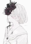  1girl absurdres artist_name black_flower black_liquid blush colored_eyelashes commentary driedflower eyepatch flower flower_over_eye from_side hair_between_eyes highres medical_eyepatch neckerchief original parted_lips red_flower sailor_collar school_uniform serafuku short_hair signature simple_background solo splatter stained_clothes upper_body white_background white_eyes white_hair white_neckerchief white_sailor_collar white_serafuku white_theme 