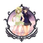  2girls ahoge aria_(tokiwa_kitareri!!) arms_behind_back blazermate blue_eyes blue_hair blush braid braided_ponytail breasts closed_mouth collared_shirt commentary_request curtained_hair dress elf foot_out_of_frame green_dress green_hair hair_between_eyes jewelry long_hair looking_at_viewer matsuena_shun medium_breasts miniskirt multiple_girls necktie official_art open_mouth pleated_skirt pointy_ears school_uniform shirt short_dress short_sleeves side-by-side sidelocks skirt small_breasts smile standing thighs tokiwa_kitareri!! white_background yaegaki_meguru_(tokiwa_kitareri!!) 