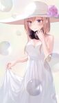  1girl bare_shoulders blue_eyes breasts bubble character_request cleavage closed_mouth collarbone commentary_request cowboy_shot dress flower go-toubun_no_hanayome happy hat hat_flower headset_removed highres nel_dcm orange_hair pink_flower pink_rose rose short_hair skirt_hold sleeveless sleeveless_dress small_breasts smile solo spaghetti_strap sun_hat sundress white_dress white_headwear 