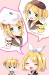  1boy 1girl :d ahoge alternate_hairstyle beret black_sailor_collar blonde_hair blue_eyes blush bow brown_hat chibi collarbone commentary_request corocorokuririn detached_sleeves hair_between_eyes hair_bow hair_ornament hairclip hat headphones headset highres kagamine_len kagamine_rin mani_(manidrawings) medium_hair open_mouth parallel_hairclips pink_background pompompurin ponytail sailor_collar sanrio shirt short_hair short_sleeves sidelocks simple_background sleeveless sleeveless_shirt smile speech_bubble spoken_character sweatdrop swept_bangs treble_clef two_side_up vocaloid white_bow white_hat white_shirt 
