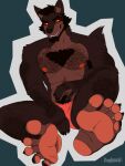 5_fingers 5_toes abs alejandro_(alejandrogsd) anthro arm_hair armpit_hair barefoot beard black_hair body_hair brown_body brown_fur canid canine canis chest_hair chest_tuft claws clothed clothing countershading demon digital_media_(artwork) domestic_dog eyebrows facial_hair feet fingers foot_fetish foot_focus fur german_shepherd goatee grin hair hairy happy_trail herding_dog hi_res humanoid_feet looking_at_viewer male male_anthro mammal multicolored_body muscular muscular_anthro muscular_male mythological_canine mythological_creature mythology nipples pastoral_dog patoso pawpads paws pecs plantigrade pubes red_clothing red_eyes red_sclera simple_background sitting smile soles solo teeth toe_claws toes topless tuft underwear yellow_eyes